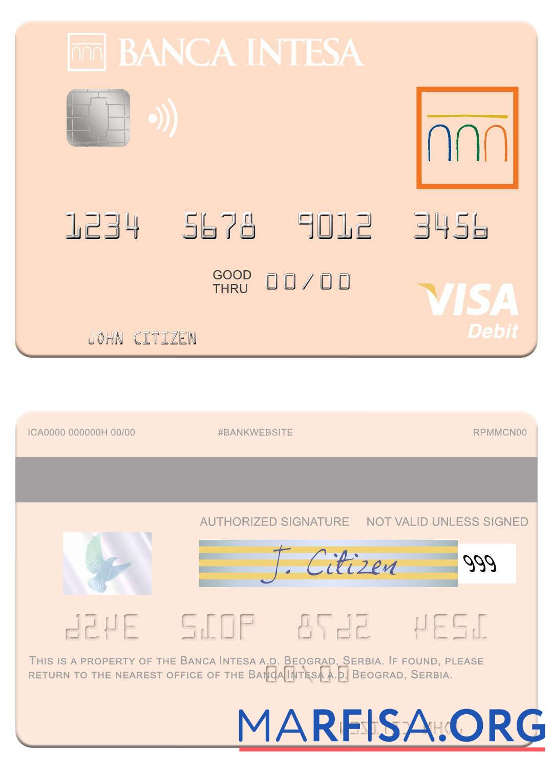 Printable Serbia The Banca Intesa a.d. Beograd visa debit card download for verification